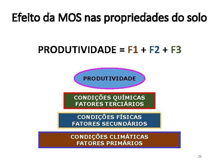 Efeito da MOS nas propriedades do solo PRODUTIVIDADE = F 1 + F 2