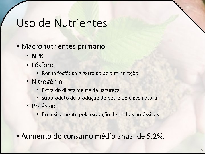 Uso de Nutrientes • Macronutrientes primario • NPK • Fósforo • Rocha fosfática e