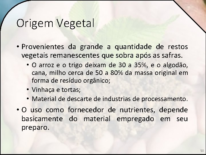 Origem Vegetal • Provenientes da grande a quantidade de restos vegetais remanescentes que sobra