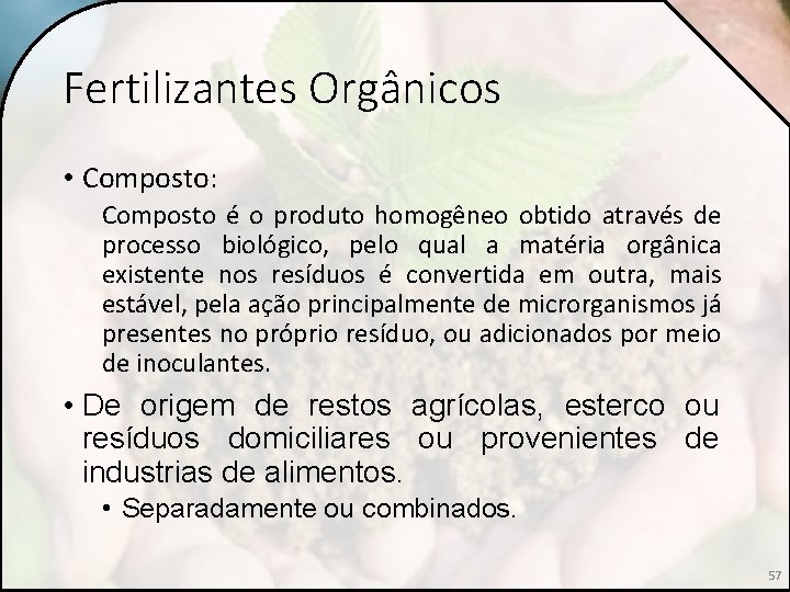 Fertilizantes Orgânicos • Composto: Composto é o produto homogêneo obtido através de processo biológico,