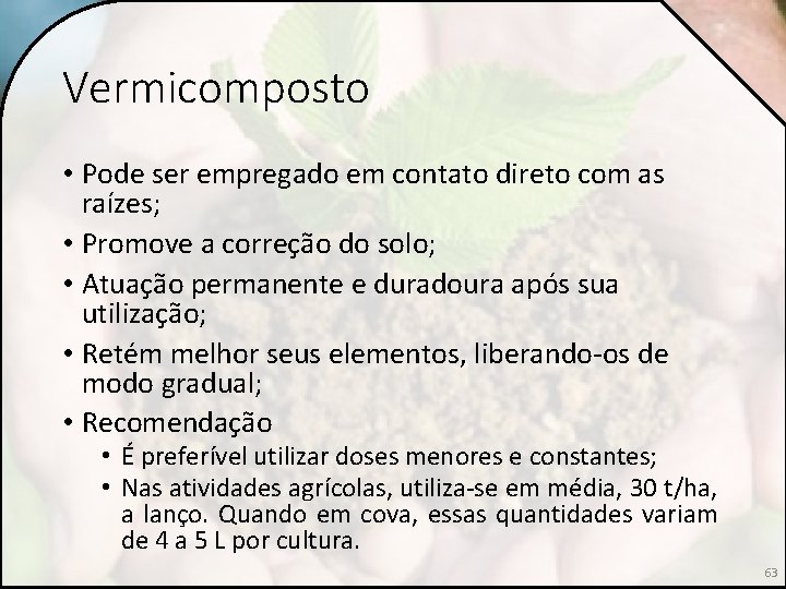 Vermicomposto • Pode ser empregado em contato direto com as raízes; • Promove a