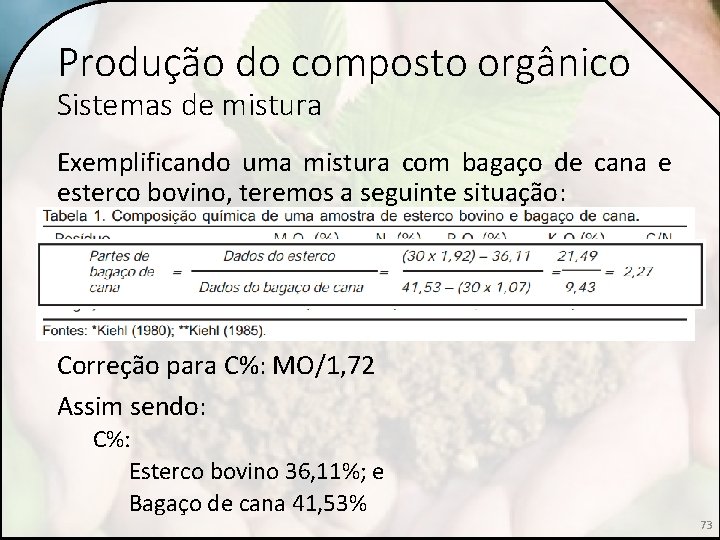 Produção do composto orgânico Sistemas de mistura Exemplificando uma mistura com bagaço de cana