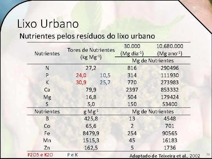 Lixo Urbano Nutrientes pelos resíduos do lixo urbano Nutrientes N P K Ca Mg