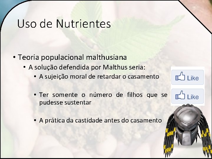 Uso de Nutrientes • Teoria populacional malthusiana • A solução defendida por Malthus seria: