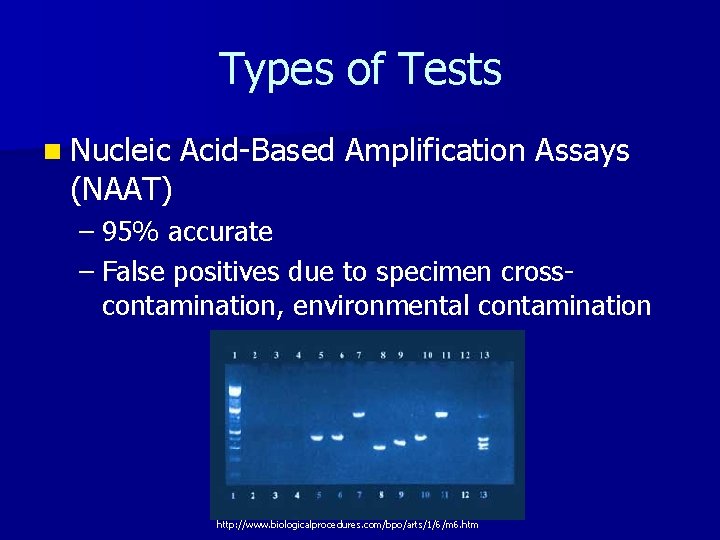Types of Tests n Nucleic (NAAT) Acid-Based Amplification Assays – 95% accurate – False