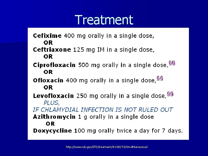 Treatment http: //www. cdc. gov/STD/treatment/4 -2002 TG. htm#Gonococcal 