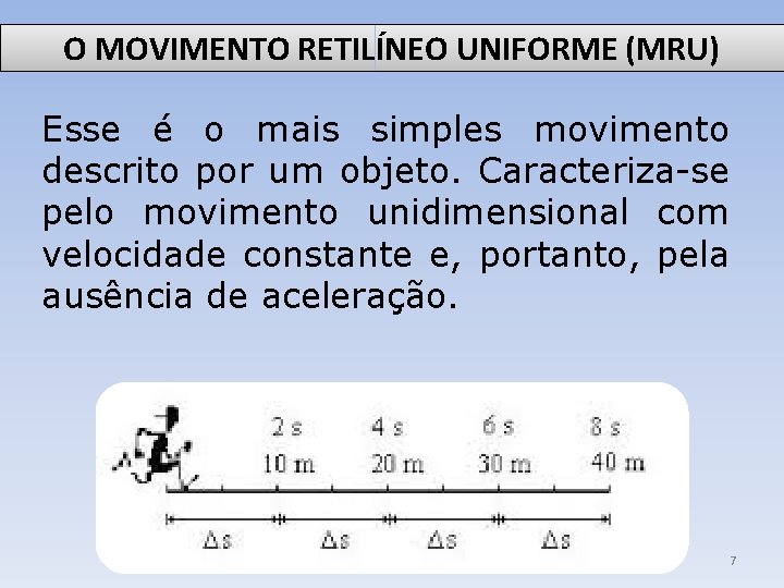 O MOVIMENTO RETILÍNEO UNIFORME (MRU) Esse é o mais simples movimento descrito por um