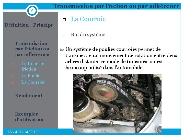 6 Transmission par friction ou par adhérence La Courroie But du système : Définition