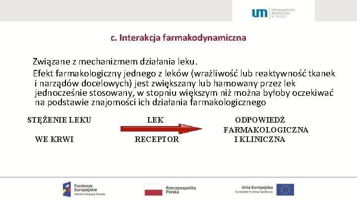 c. Interakcja farmakodynamiczna Związane z mechanizmem działania leku. Efekt farmakologiczny jednego z leków (wrażliwość