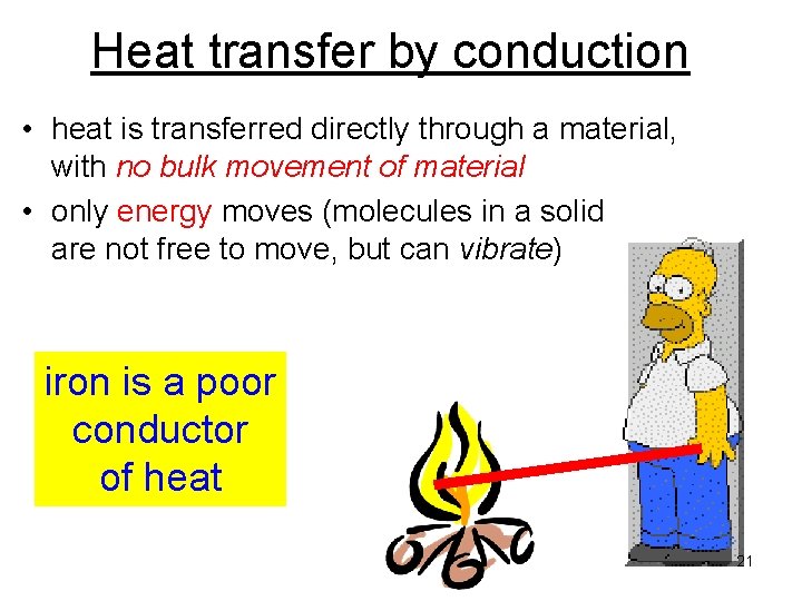 Heat transfer by conduction • heat is transferred directly through a material, with no