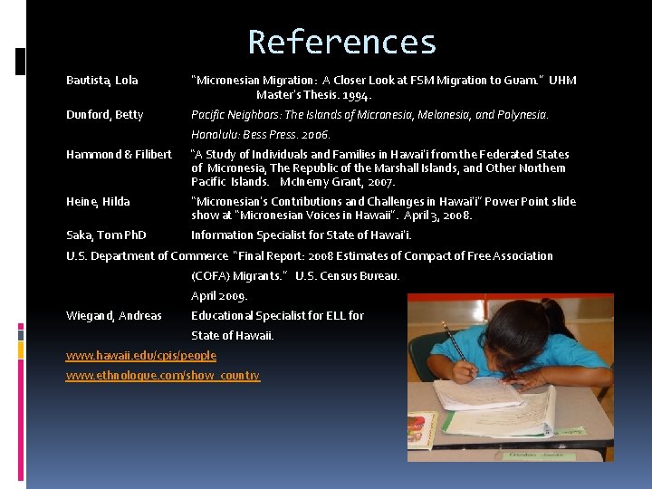 References Bautista, Lola “Micronesian Migration: A Closer Look at FSM Migration to Guam. ” References Bautista, Lola “Micronesian Migration: A Closer Look at FSM Migration to Guam. ”