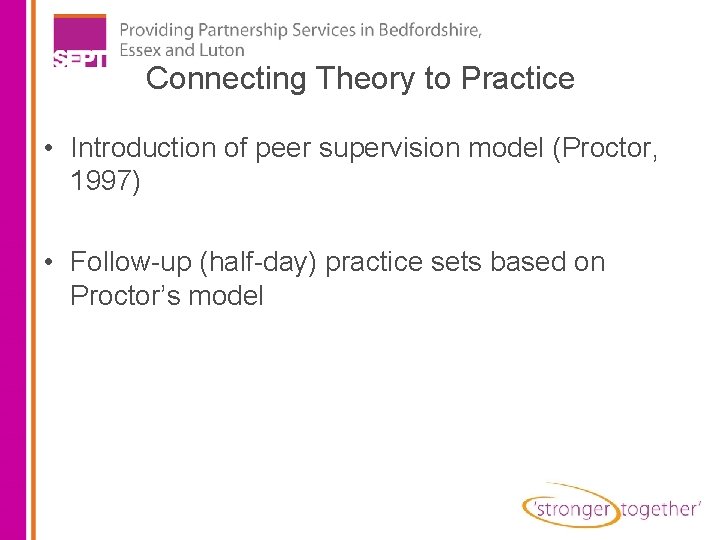 Connecting Theory to Practice • Introduction of peer supervision model (Proctor, 1997) • Follow-up