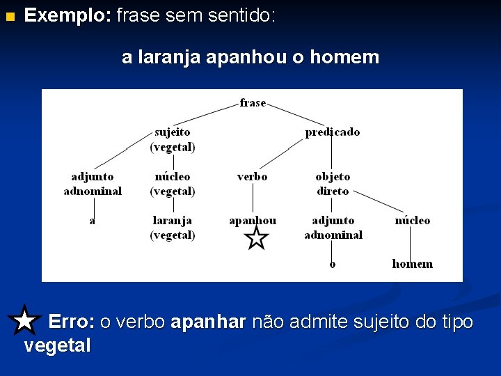 n Exemplo: frase sem sentido: a laranja apanhou o homem Erro: o verbo apanhar