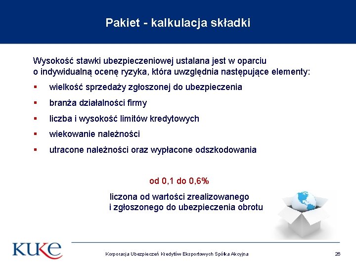 Pakiet - kalkulacja składki Wysokość stawki ubezpieczeniowej ustalana jest w oparciu o indywidualną ocenę