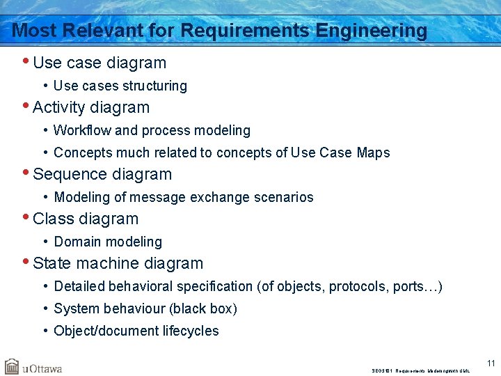 Most Relevant for Requirements Engineering • Use case diagram • Use cases structuring •