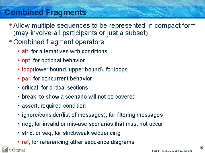 Combined Fragments • Allow multiple sequences to be represented in compact form (may involve