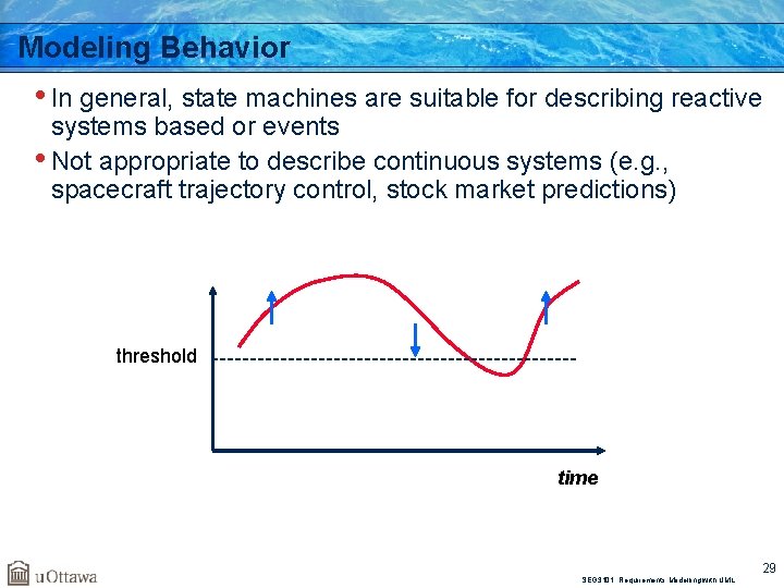 Modeling Behavior • In general, state machines are suitable for describing reactive systems based