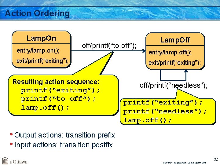 Action Ordering Lamp. On entry/lamp. on(); off/printf(“to off”); exit/printf(“exiting”); Resulting action sequence: printf(“exiting”); printf(“to