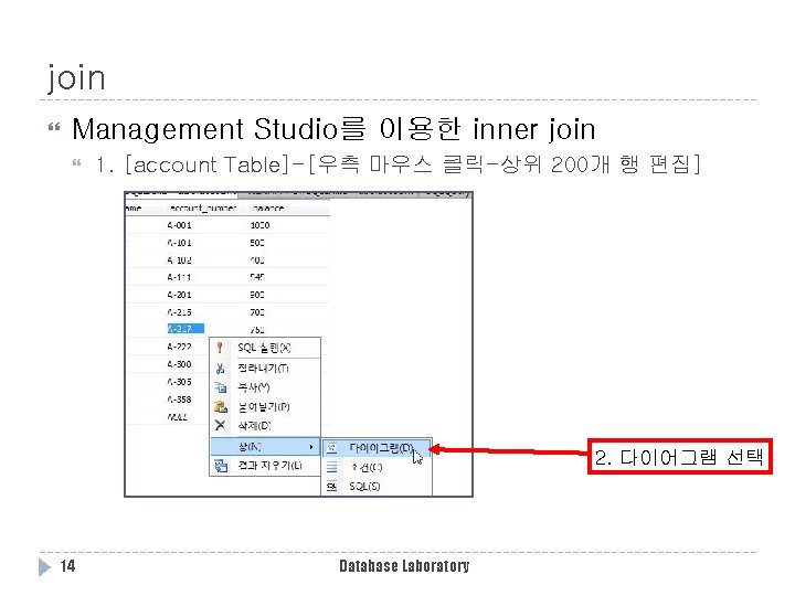 join Management Studio를 이용한 inner join 1. [account Table]-[우측 마우스 클릭-상위 200개 행 편집]