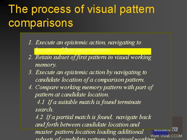 The process of visual pattern comparisons 1. Execute an epistemic action, navigating to location