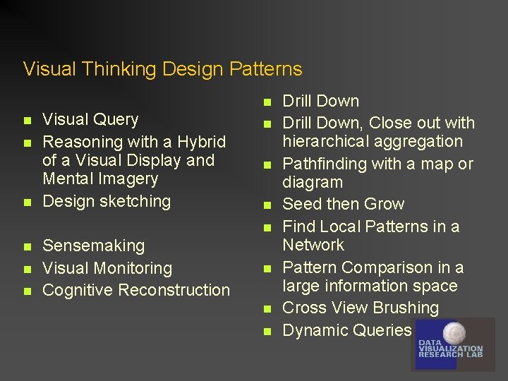 Visual Thinking Design Patterns n n Visual Query Reasoning with a Hybrid of a