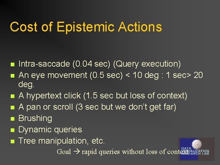 Cost of Epistemic Actions n n n n Intra-saccade (0. 04 sec) (Query execution)