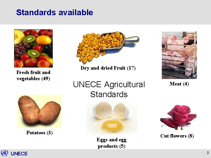 Standards available Fresh fruit and vegetables (49) Dry and dried Fruit (17) UNECE Agricultural