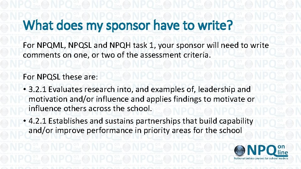 What does my sponsor have to write? For NPQML, NPQSL and NPQH task 1,