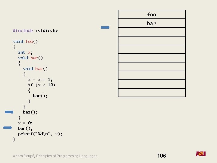 foo bar #include <stdio. h> void foo() { int x; void bar() { void