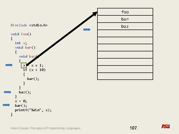 foo bar #include <stdio. h> baz void foo() { int x; void bar() {