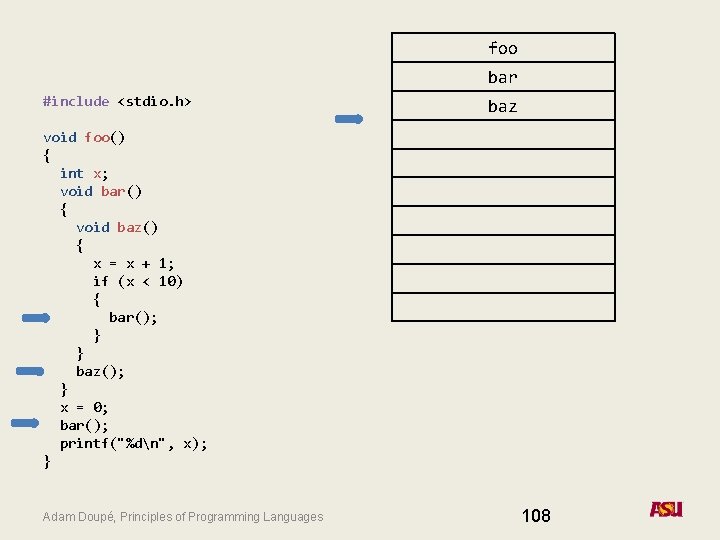 foo bar #include <stdio. h> baz void foo() { int x; void bar() {