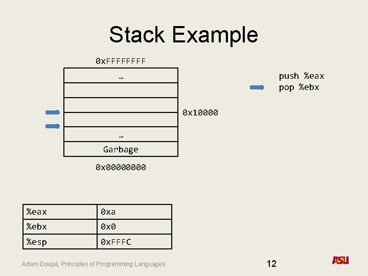 Stack Example 0 x. FFFF … 0 xa push %eax pop %ebx 0 x