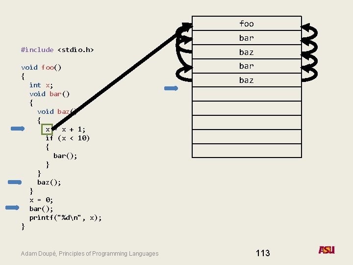 foo bar #include <stdio. h> baz void foo() { int x; void bar() {