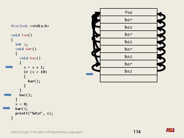 foo bar #include <stdio. h> baz void foo() { int x; void bar() {