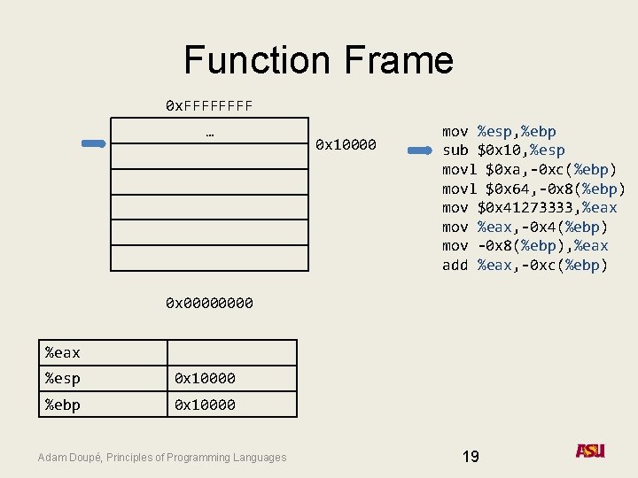 Function Frame 0 x. FFFF … 0 x 10000 mov %esp, %ebp sub $0
