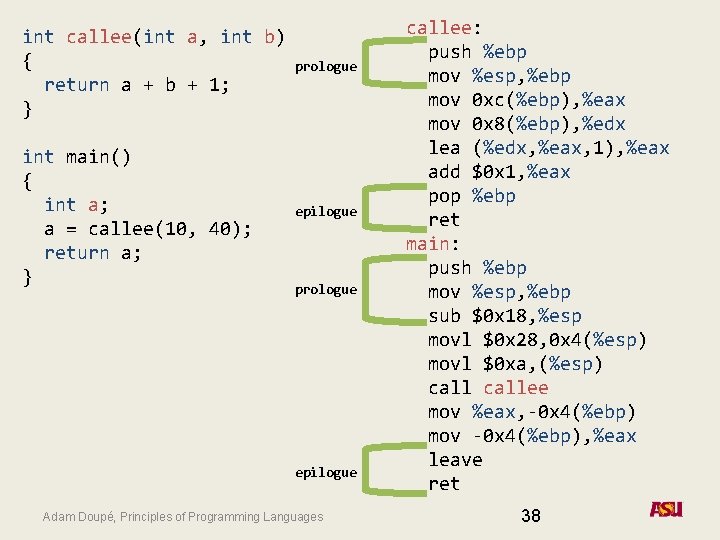 int callee(int a, int b) { return a + b + 1; } prologue