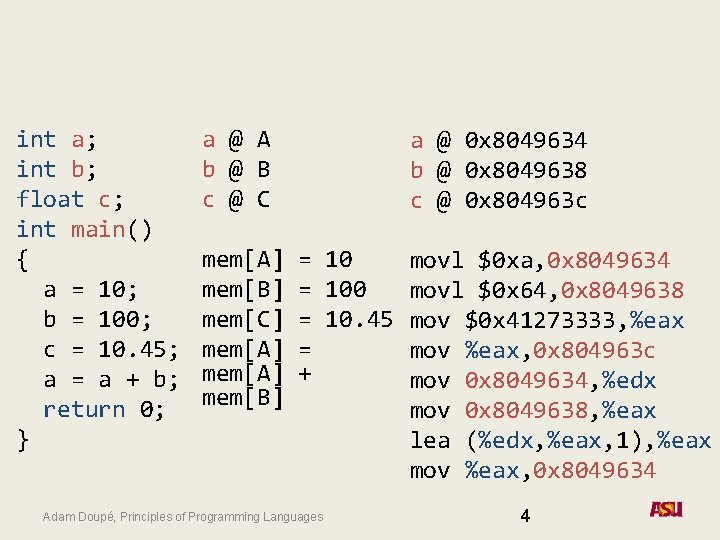 int a; int b; float c; int main() { a = 10; b =