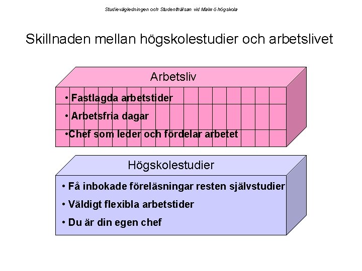 Studievägledningen och Studenthälsan vid Malmö högskola Skillnaden mellan högskolestudier och arbetslivet Arbetsliv • Fastlagda