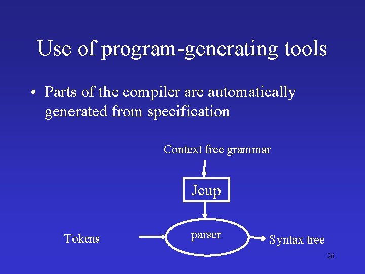 Use of program-generating tools • Parts of the compiler are automatically generated from specification