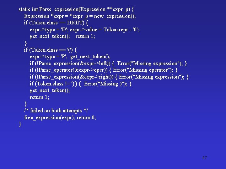 static int Parse_expression(Expression **expr_p) { Expression *expr = *expr_p = new_expression(); if (Token. class