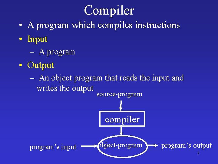 Compiler • A program which compiles instructions • Input – A program • Output