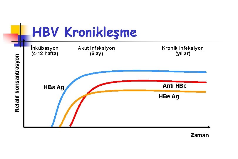 Relatif konsantrasyon HBV Kronikleşme İnkübasyon (4 -12 hafta) HBs Ag Akut infeksiyon (6 ay)