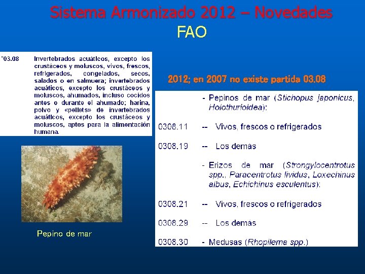 Sistema Armonizado 2012 – Novedades FAO 2012; en 2007 no existe partida 03. 08