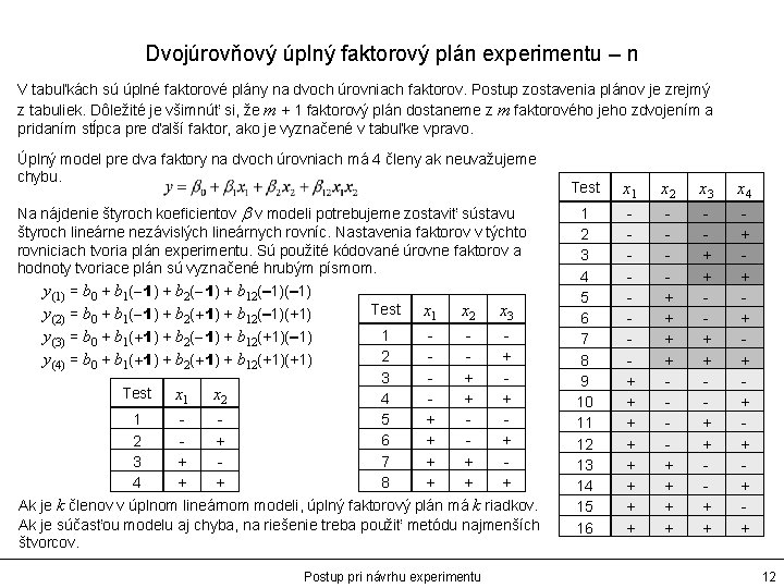 Dvojúrovňový úplný faktorový plán experimentu – n V tabuľkách sú úplné faktorové plány na