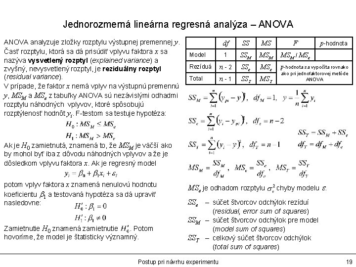 Jednorozmerná lineárna regresná analýza – ANOVA analyzuje zložky rozptylu výstupnej premennej y. Časť rozptylu,