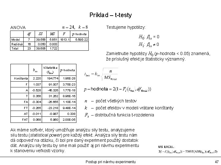 Príklad – t-testy Testujeme hypotézy: ANOVA Model Rezíduá Total df SS MS 7 16