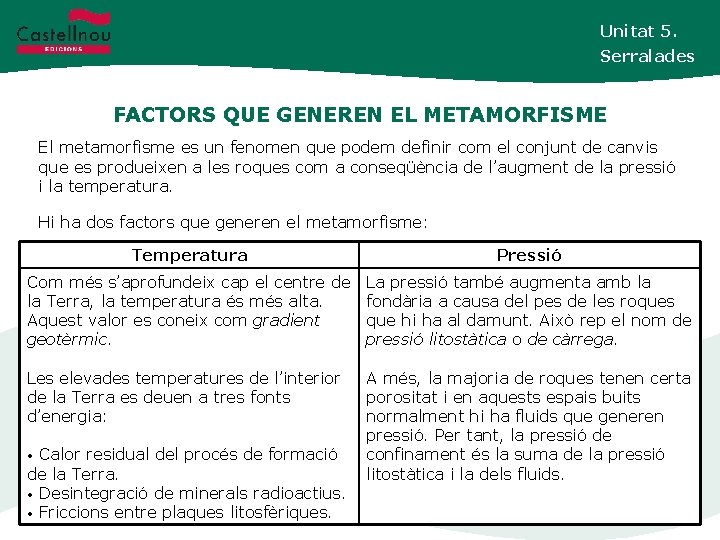 Unitat 5. Serralades FACTORS QUE GENEREN EL METAMORFISME Unidad 3. El metamorfisme es un