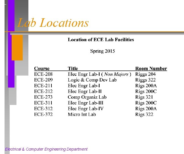 Lab Locations Electrical & Computer Engineering Department 