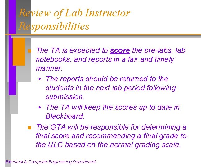 Review of Lab Instructor Responsibilities n n The TA is expected to score the