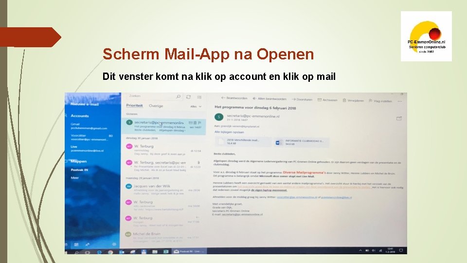 Scherm Mail-App na Openen Dit venster komt na klik op account en klik op